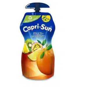 Capri‑Sun multi‑vitamin juice pouch with blue top and tropical fruit imagery (kiwi, pineapple, orange) on the front frame UI.