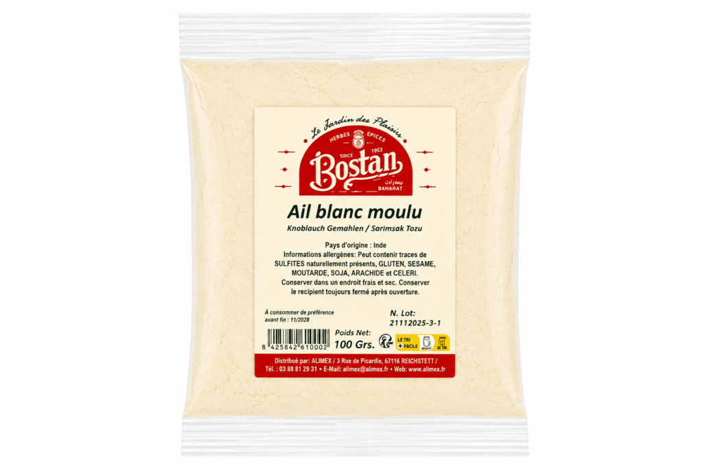Bag of ground white garlic with Bostan label, 100 g