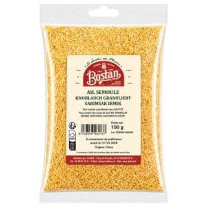 Package of garlic semolina granules (ail semoule/knoblauch granule) in a clear plastic bag with a beige label reading Bostan, 100 g net weight?