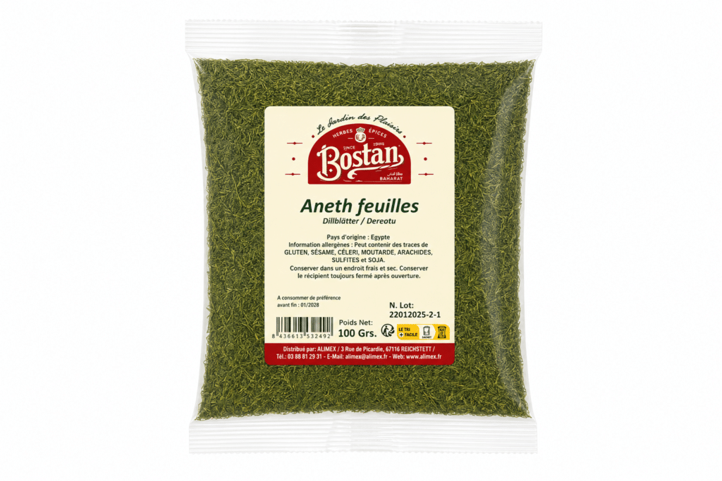 Bag of dried dill leaves in a clear plastic bag with a beige label reading 'Aneth feuilles' (Dill leaves) and brand 'Bostan'.
