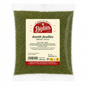 Bag of dried dill leaves in a clear plastic bag with a beige label reading 'Aneth feuilles' (Dill leaves) and brand 'Bostan'.