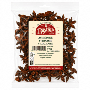 Bag of star anise with beige label reading Bostan, Anis étoilé Sternanis Yıldız Anise, 50 g, Vietnam origin (50 g).