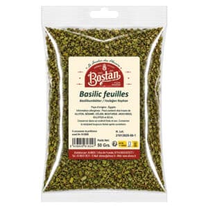 Bag of dried basil leaves (50 g) from Bostan, ready for cooking with a beige label on a clear pouch.