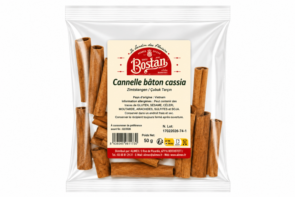 Clear plastic bag containing cinnamon sticks with a beige product label reading Cannelle bâton cassia, brand Bostan.