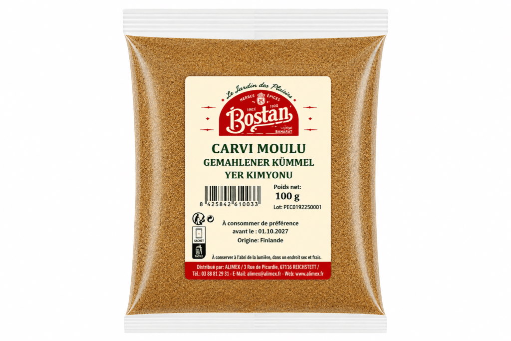 Bag of Bostan ground caraway seeds (Carvi Moulu), 100 g, beige label with red logo.