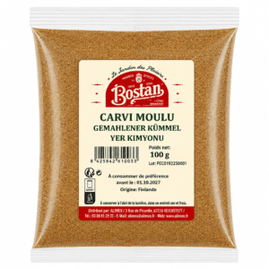 Bag of Bostan ground caraway seeds (Carvi Moulu), 100 g, beige label with red logo.