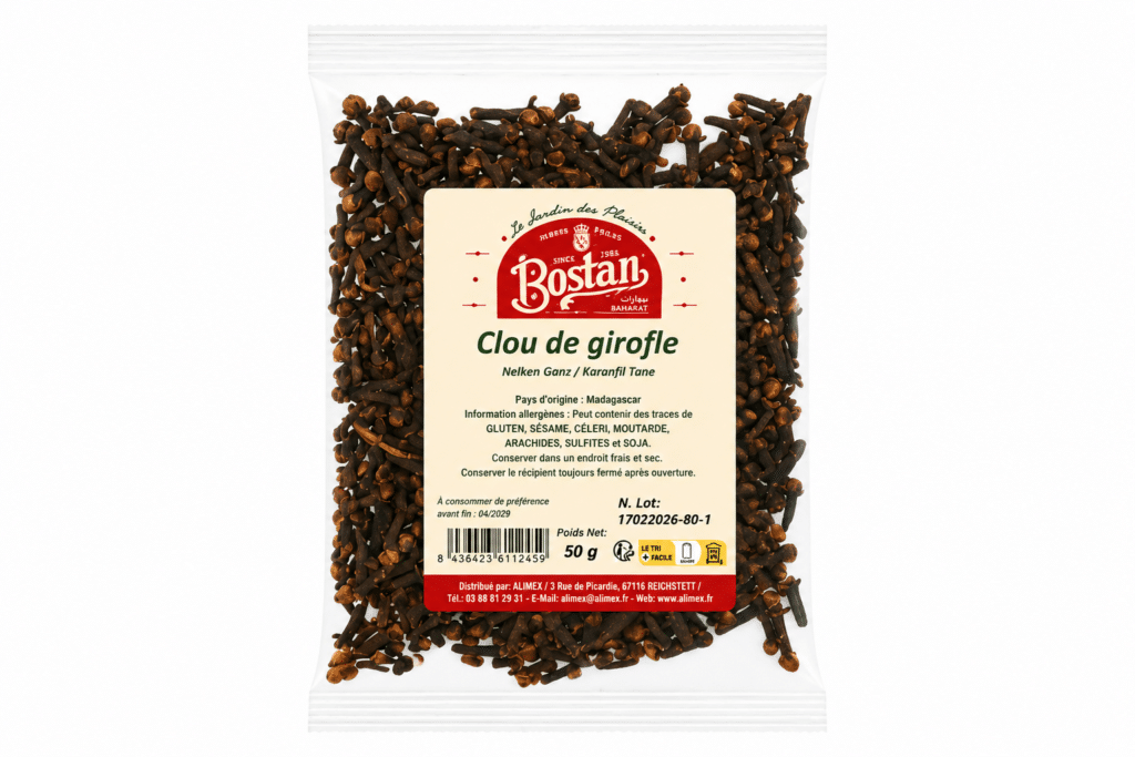 Bag of dried cloves with a beige label reading Clou de girofle and Bostan brand.