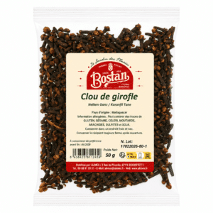 Bag of dried cloves with a beige label reading Clou de girofle and Bostan brand.