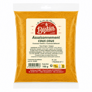 Packet of Bostan Assaisonnement cous cous seasoning mix in an orange bag with a cream label and barcode