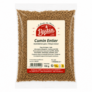 Bag of whole cumin seeds in a clear plastic bag with a beige front label reading 'Cumin Entier' and a red Bostan logo at the top center.