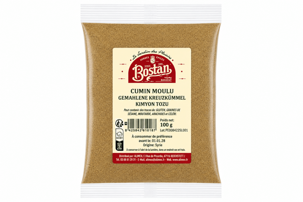 Bag of ground cumin spice in a sealed plastic pouch with a beige label reading 'CUMIN MOULU' and brand 'Bostan' (100 g) from Syria.