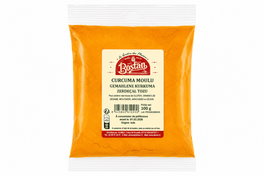 Bag of ground turmeric in an orange sealed pouch with a beige label showing the Bostan brand and 100 g net weight.