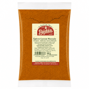 Packet of Boston Garam Massala spice with orange powder and a beige label showing ingredients and barcode.