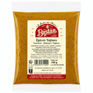 Bag of Tajine spice (Baharat) by Bostan, orange-yellow ground spice in a clear plastic pouch with a beige label showing the brand and product name.