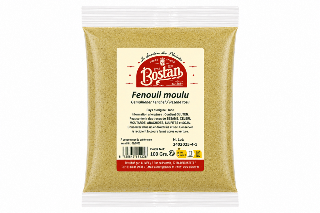 Pouch of ground fennel (Fenouil moulu) from the Bostan brand on a cream label.