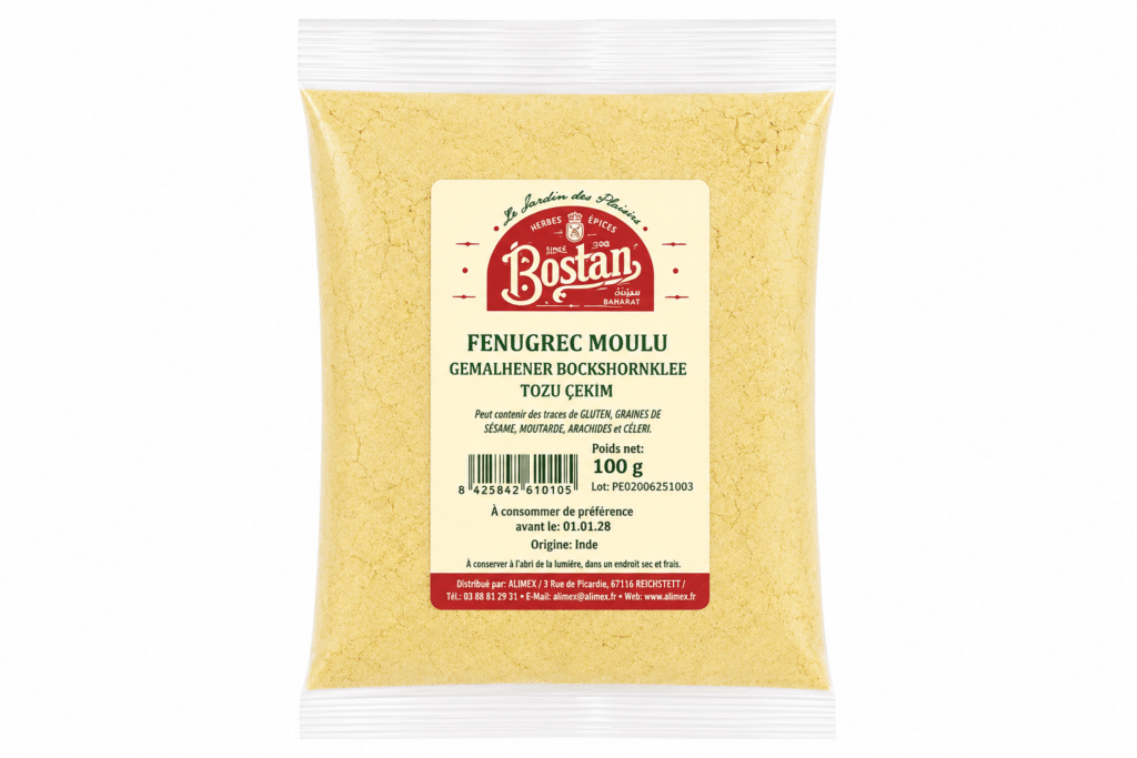 Ground fenugreek spice in a sealed bag with a beige label showing the red Bostan logo and product information (100 g).