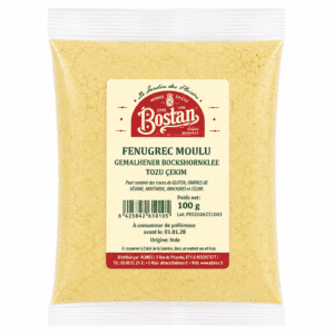 Ground fenugreek spice in a sealed bag with a beige label showing the red Bostan logo and product information (100 g).