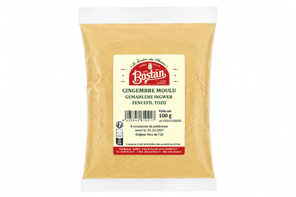 Pouch of ground ginger (Gingembre Moulu) labeled Bostan, net 100 g, beige package with red logo