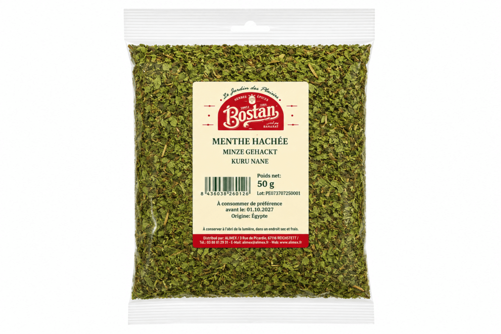 Bag of ground mint (50 g) labeled Menthe Hachée, Bostan brand, green herb flakes visible through the bag