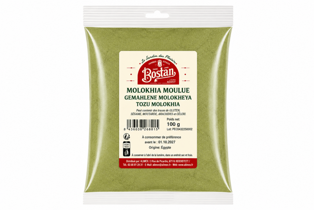 Green molokhia powder in a sealed plastic bag with a beige label showing brand Bostan, net 100 g, origin Egypt