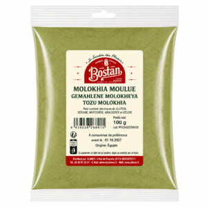 Green molokhia powder in a sealed plastic bag with a beige label showing brand Bostan, net 100 g, origin Egypt