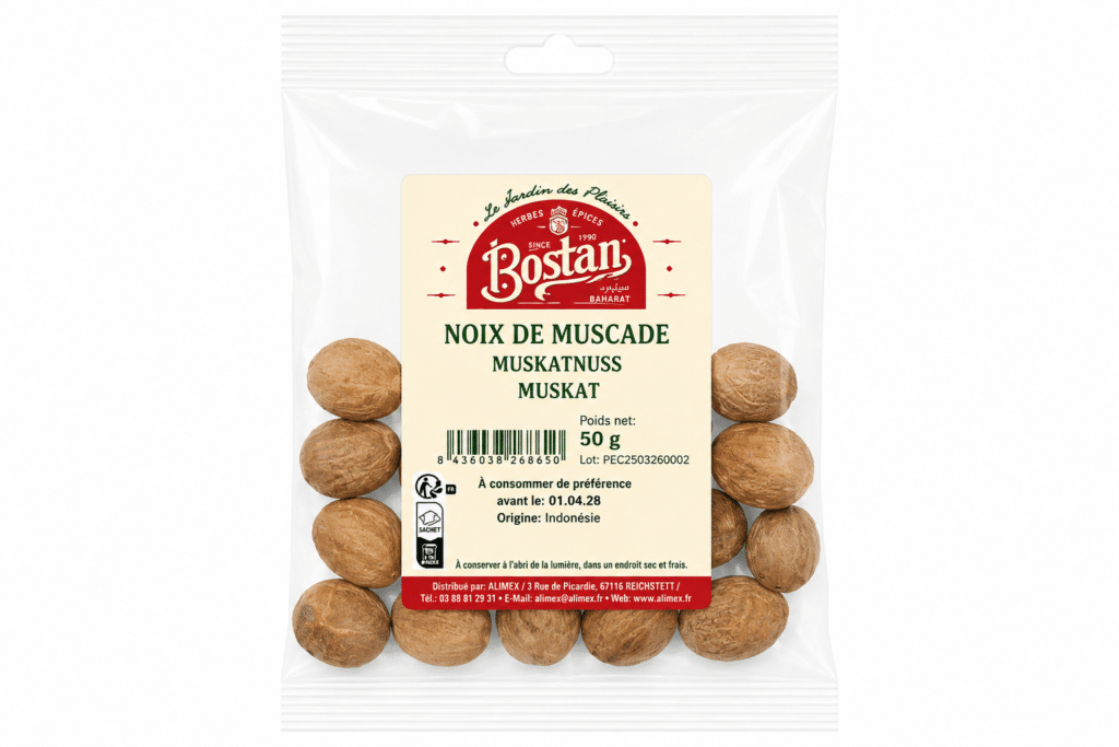 Plastic bag of whole nutmeg nuts with a beige label showing the brand Bostan and 50 g net weight at the center of the packaging.