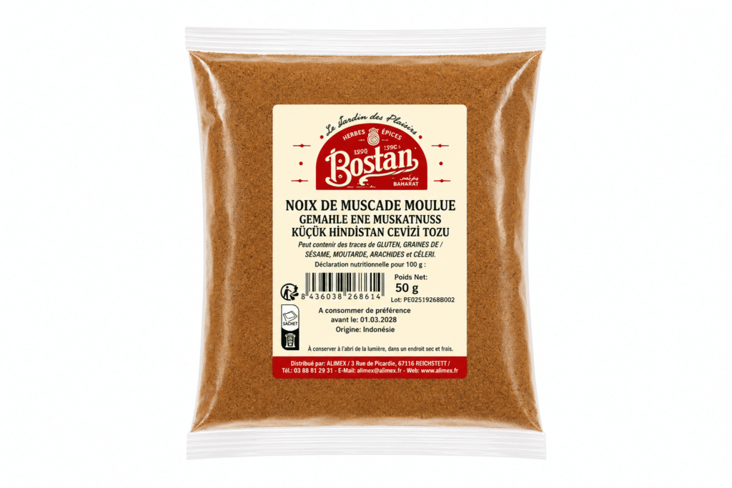 Clear bag of ground nutmeg labeled 'Noix de Muscade Moulue' with Bostan logo on cream label.