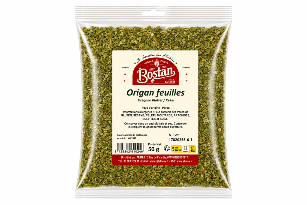 Plastic bag of dried oregano leaves with a beige label reading 'Origan feuilles' (Oregano Blätter) and the Bostan logo, 50 g on the label.