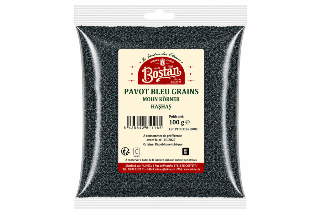 Pouch of blue poppy seeds labeled Pavot Bleu Grains with Bostan branding and barcode (100 g).
