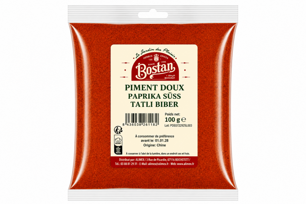 Bag of Bostan Piment Doux paprika spice with a cream label displaying barcode and net weight 100 g