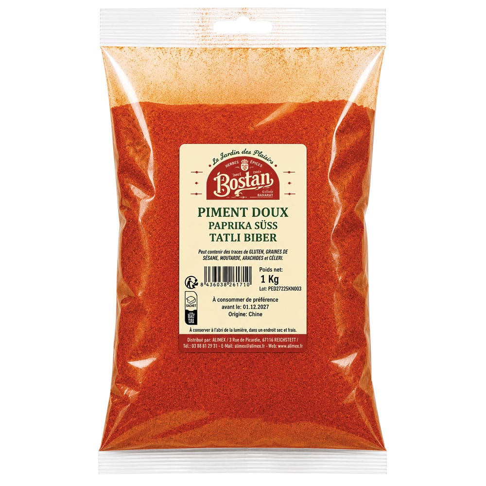 Bag of Bostan sweet paprika powder with a beige label and bright red-orange spice visible through the bag.