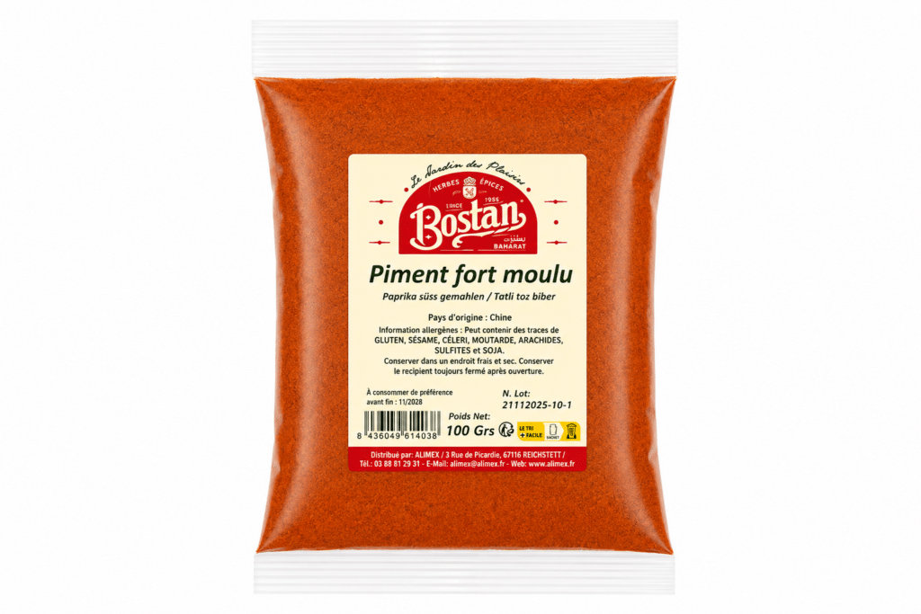 Bag of ground hot chili powder labeled 'Piment fort moulu' by Bostan.