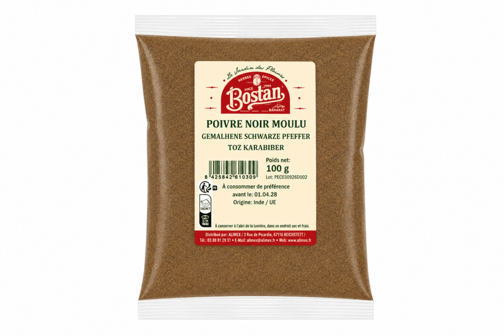 Bag of ground black pepper labeled Poivre Noir Moulu by Bostan, 100 g net on cream-green label