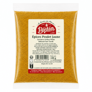 Bag of Bostan Epices Poulet Jaune chicken spice mix (yellow powder) in a clear plastic pouch, 100 g label visible on front.