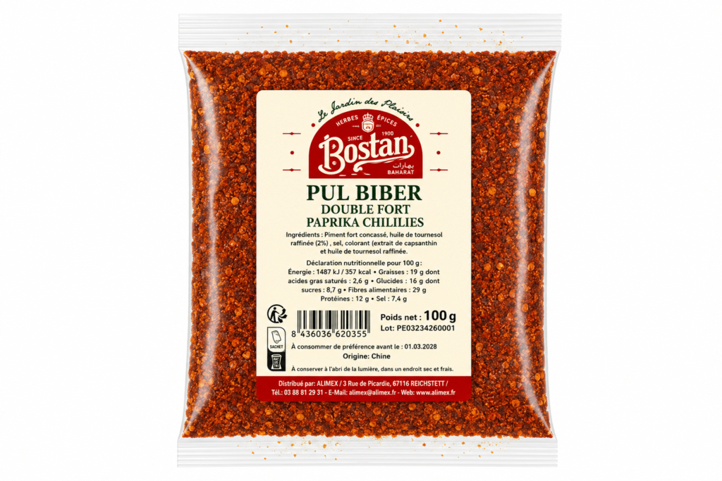 Bag of red chili flakes in a clear plastic pouch with a cream label reading 'Pul Biber' and brand name Bostan (100 g).