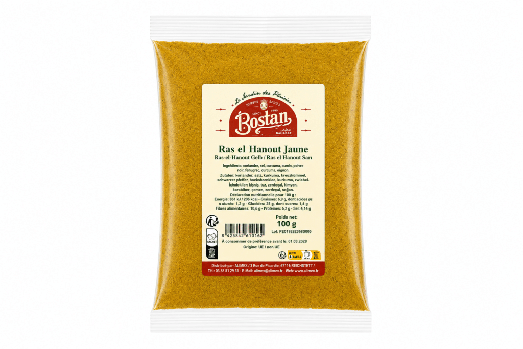 Plastic bag of Ras el Hanout Jaune spice with a beige Bostan label and 100 g net weight.