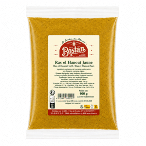 Plastic bag of Ras el Hanout Jaune spice with a beige Bostan label and 100 g net weight.