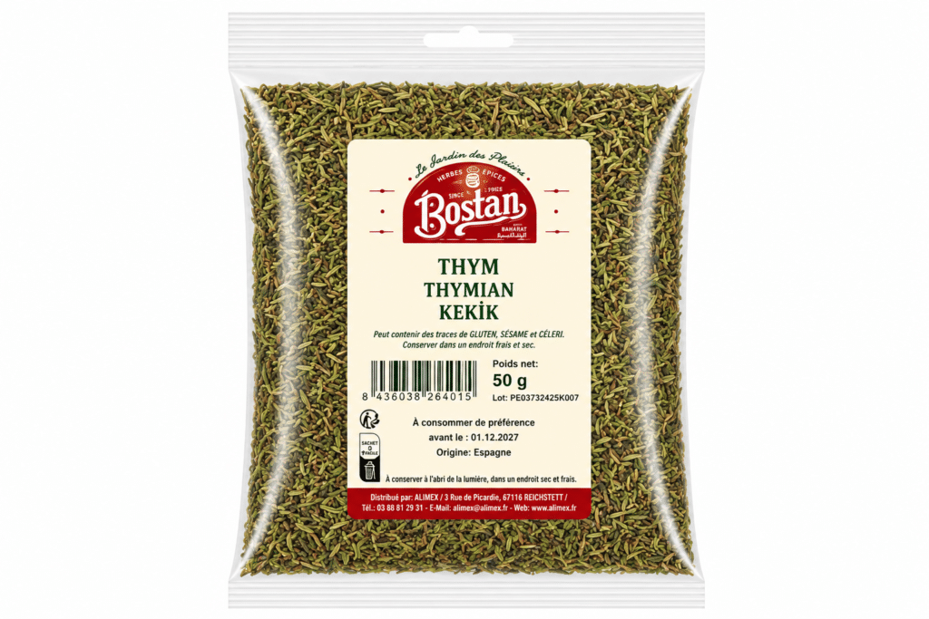 Bag of dried thyme (thyme/ thymian/ kekik) in a clear plastic package with a beige label showing the Bostan brand; contains 50 g of thyme.