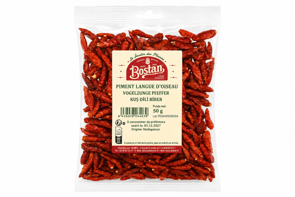 Bag of dried red bird's-eye chilies with a beige label featuring the Bostan logo on the front.