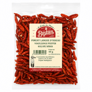 Bag of dried red bird's-eye chilies with a beige label featuring the Bostan logo on the front.