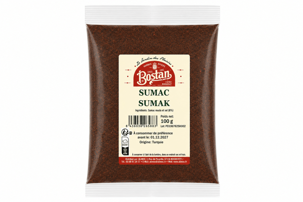 Bag of ground sumac spice labeled 'SUMAC SUMAK' with Bostan brand on cream label, 100 g net weight, origin Turkey.