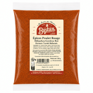 Plastic bag of red chicken spice mix labeled Bostan Épices Poulet Rouge (100 g).
