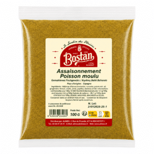 Package of ground fish seasoning (Assaisonnement Poisson moulu) by Bostan, front view with beige label and red logo, on a white background.