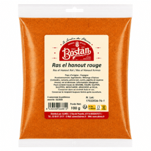 Bag of Ras el Hanout rouge spice mix in an orange, resealable plastic pouch with a beige label showing 'Bostan' brand and product name Ras el hanout rouge (100 g).