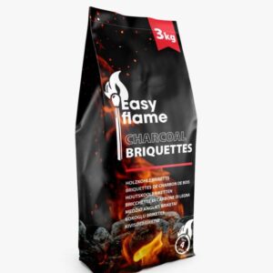 Bag of Easy Flame charcoal briquettes, 3 kg, black and red fiery design with logo and Merkandi Wholesale branding.