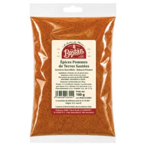 Pouch of Bostan Epices Pommes de Terres Sautées potato fry spice, 100 g, orange powder inside.