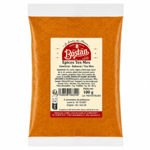 Orange spice mix in a sealed plastic bag with a cream label reading 'Épices Tex Mex' from Bostan, 100 g.