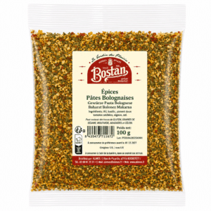 Bag of Bostan Baharat spice mix (100 g) with label reading Épices PÂTES Bolognaises on a clear plastic package