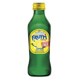 Green bottle of Uludağ Frutti Lemon sparkling water with a yellow label and cap