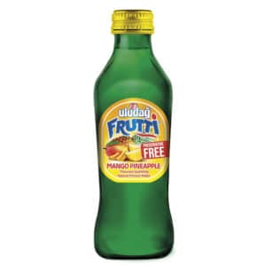 Green glass Frutti mango-pineapple flavored sparkling water bottle with yellow label and 'Preservative Free' badge.